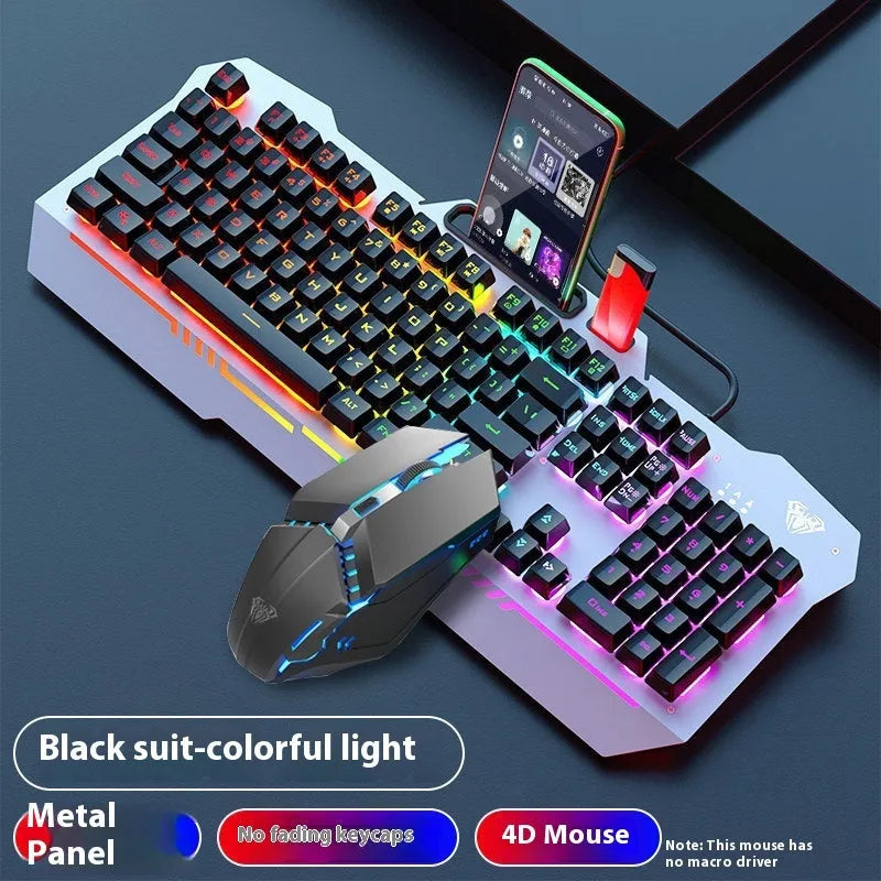 Black and white wired mechanical-feeling keyboard mouse headset bundles with RGB or blue backlighting