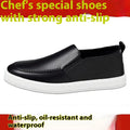 Men's slip-on kitchen working shoes with black with white bottom colour, artificial pu upper, round toe, flat heel