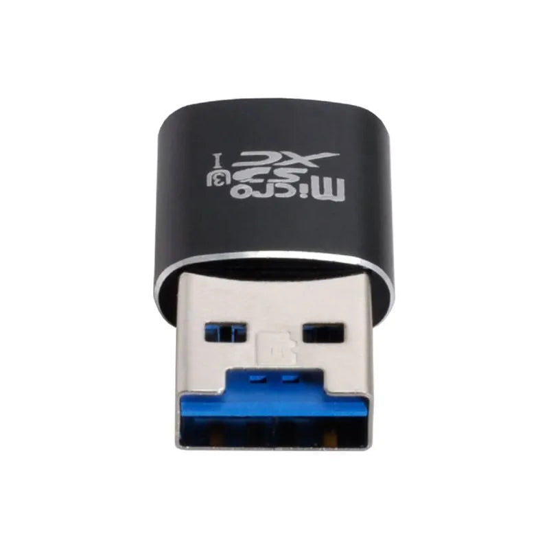 Black USB 3.0 card reader for Micro SD and T-Flash memory cards on a white background.