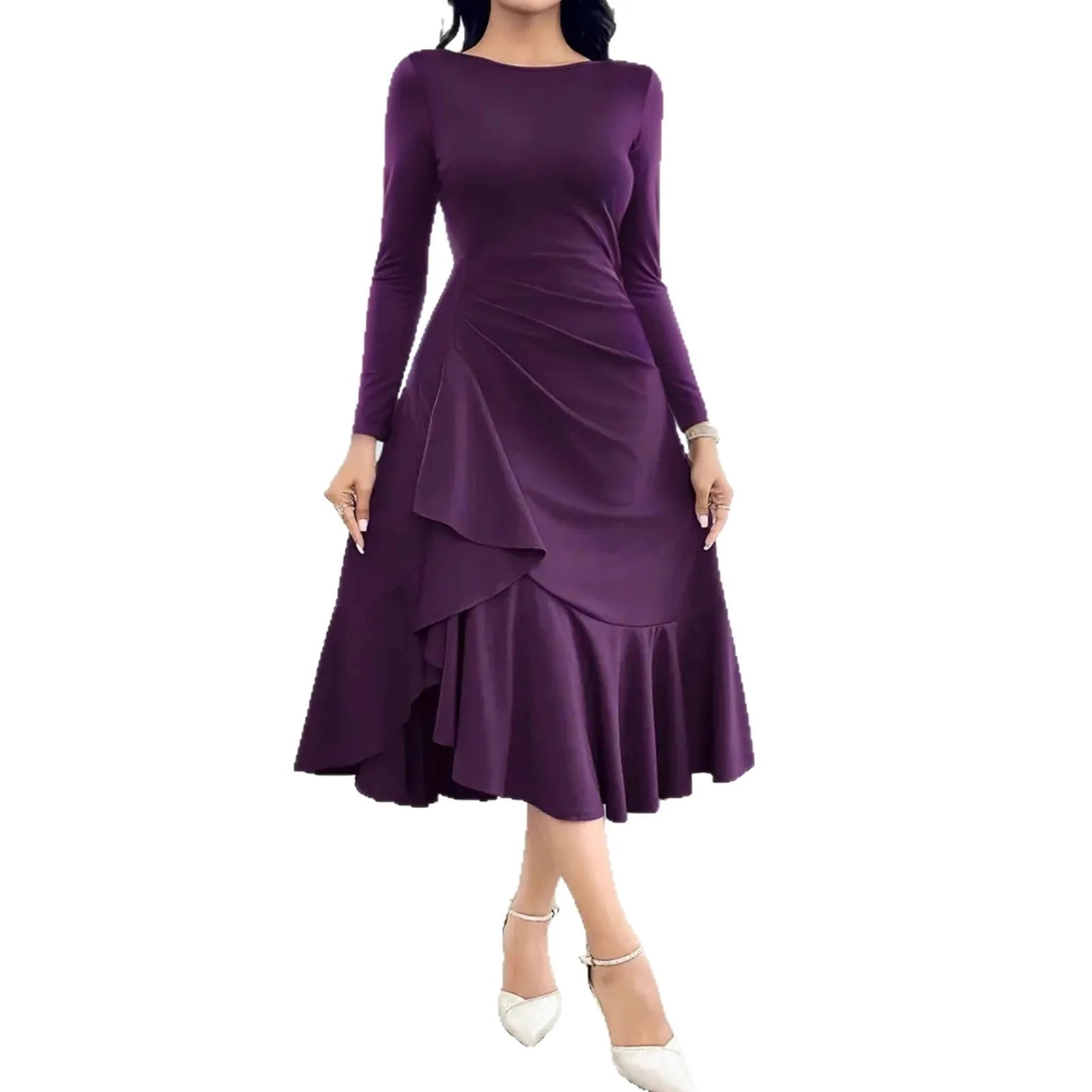 Purple women's long sleeve dress with round neck, mid waist, and ruffle trim.