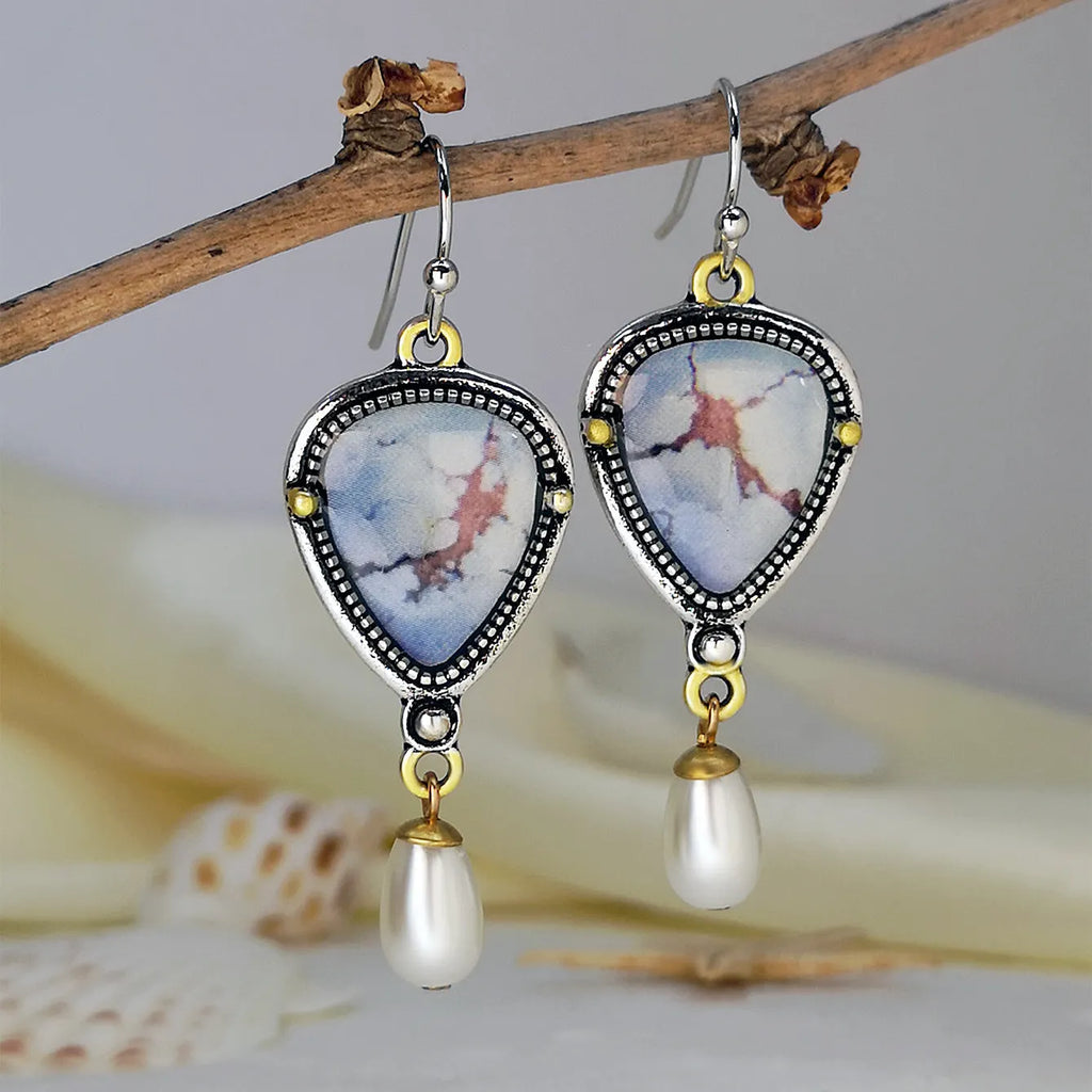 Retro blue geometric drop earrings with synthetic opal and white pearl on electroplated metal