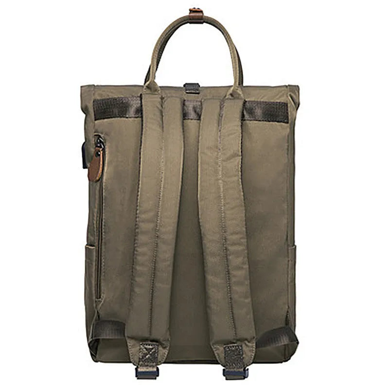 Black casual polyester backpack showing front view with cover flap and adjustable shoulder straps.