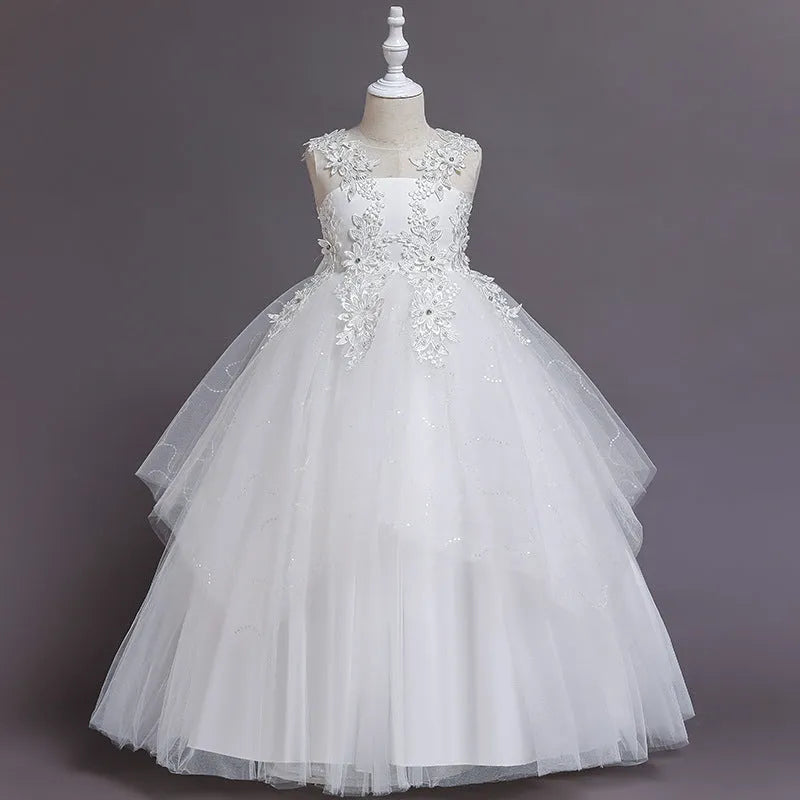 Girls' formal mesh lace dress with cotton lining in blue, front view, size 120cm