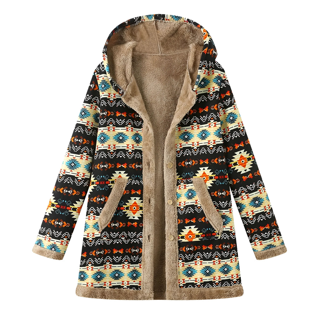Printed hooded warm plush long sleeve coat in black, loose fit, front view