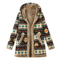 Printed hooded warm plush long sleeve coat in black, loose fit, front view
