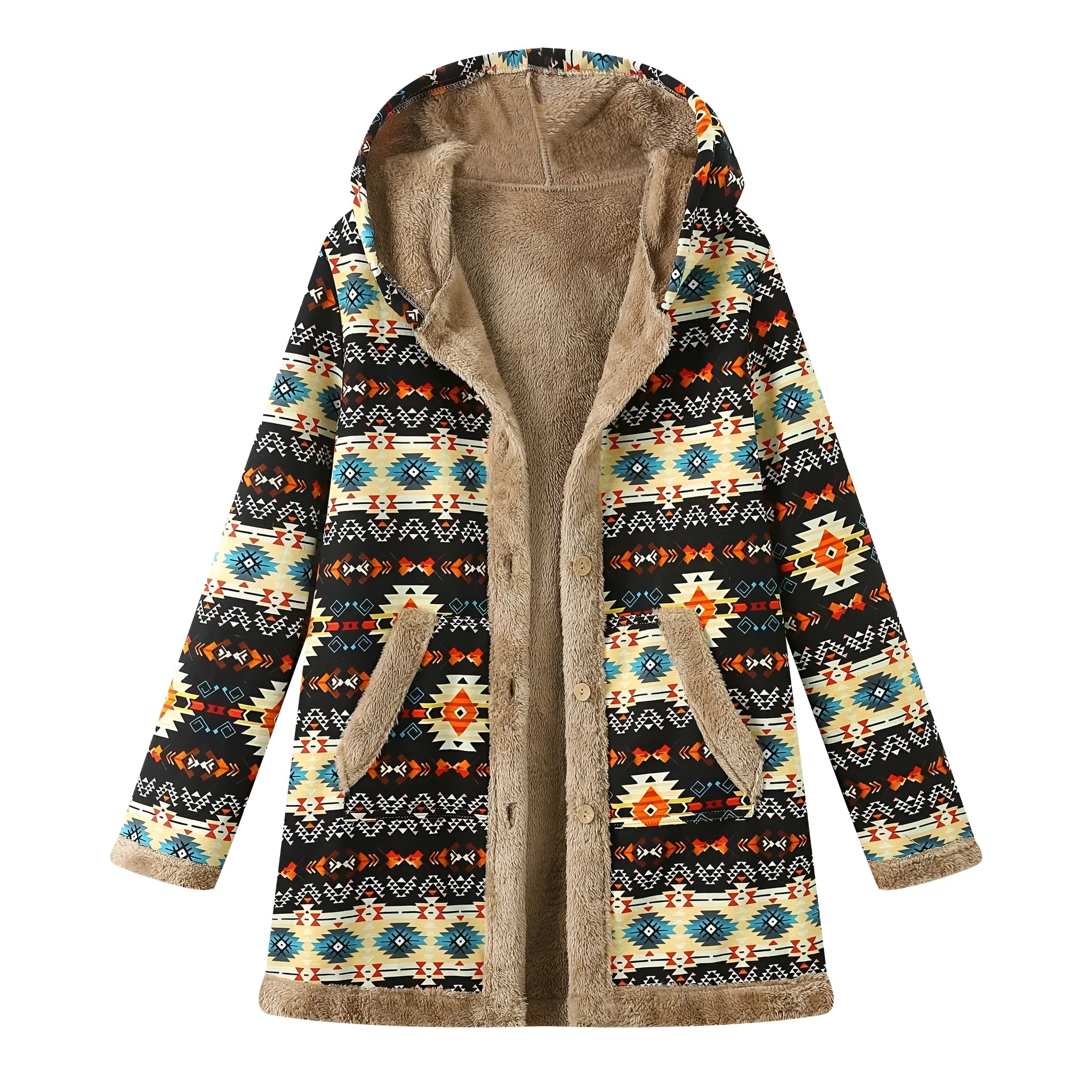 Printed hooded warm plush long sleeve coat in black, loose fit, front view