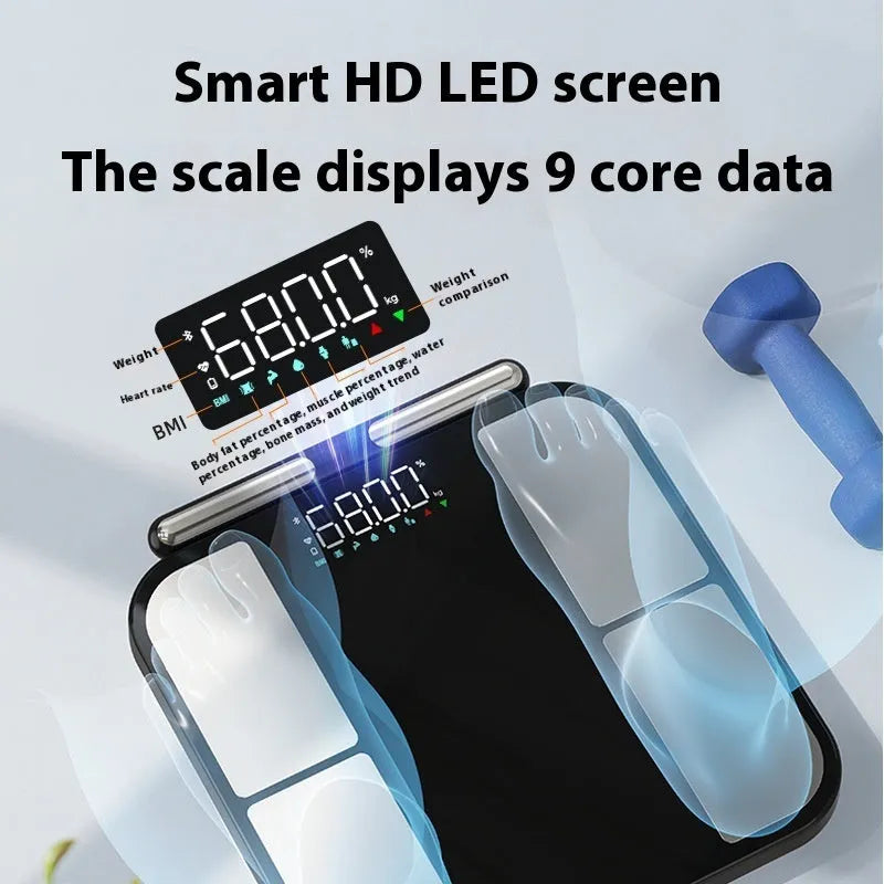 Black electronic health scale with tempered glass platform displaying body composition analysis on colour screen