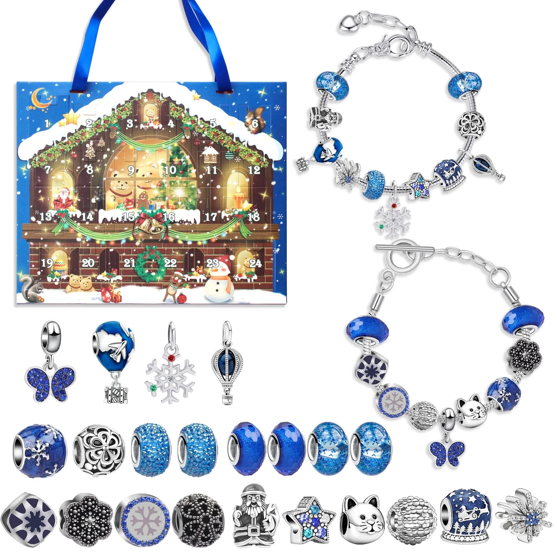 24 grid Christmas advent calendar countdown set with zinc alloy frame electroplated finish and bracelet blind box in flip vertical blue