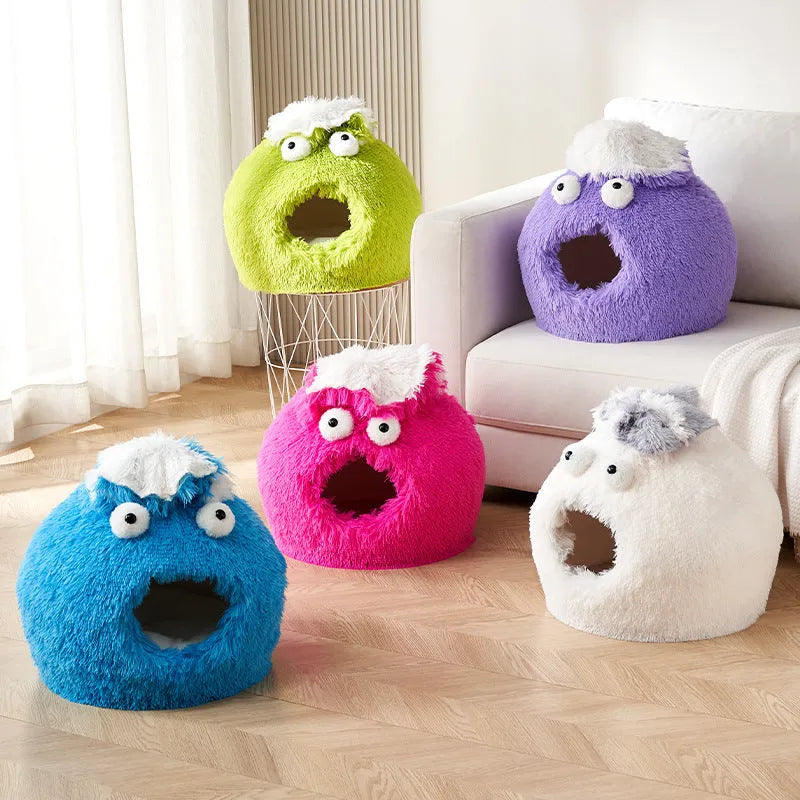 Closed plush cat nest in blue, 40cm diameter, for indoor winter use