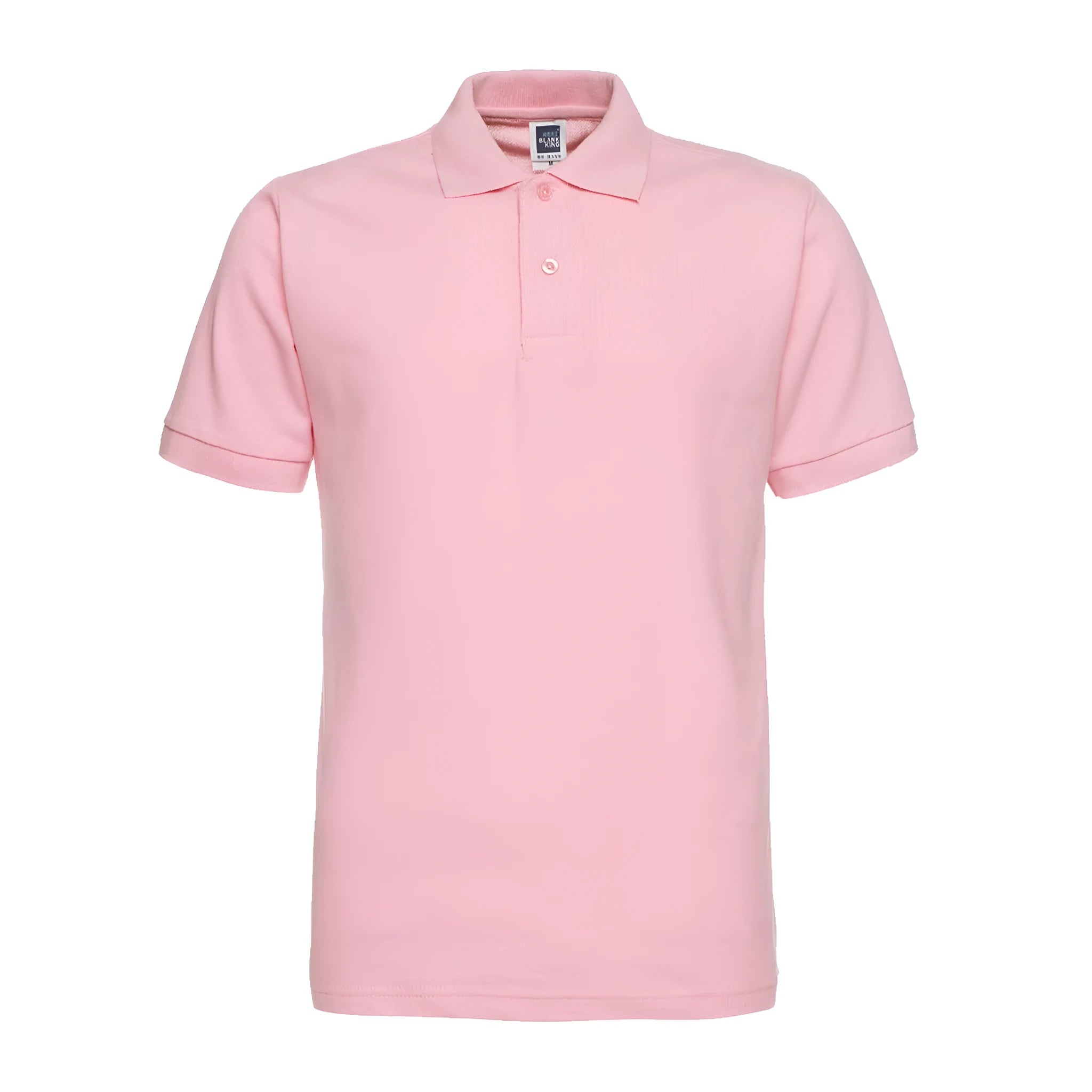 Men's plus size solid colour lapel collar short sleeve polo shirt on a hanger.