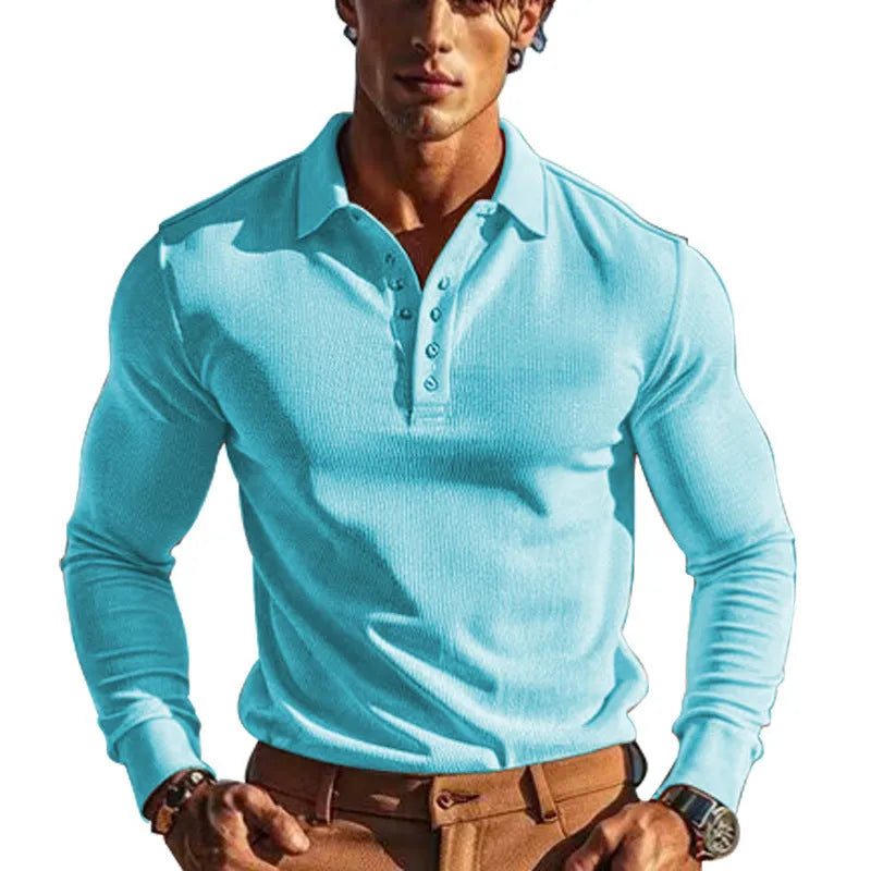 American men's waffle polo collar button long sleeve slim-fit T-shirt in solid colour white on model