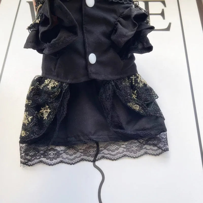Golden gothic princess-style skirt costume for a small dog on a white background.