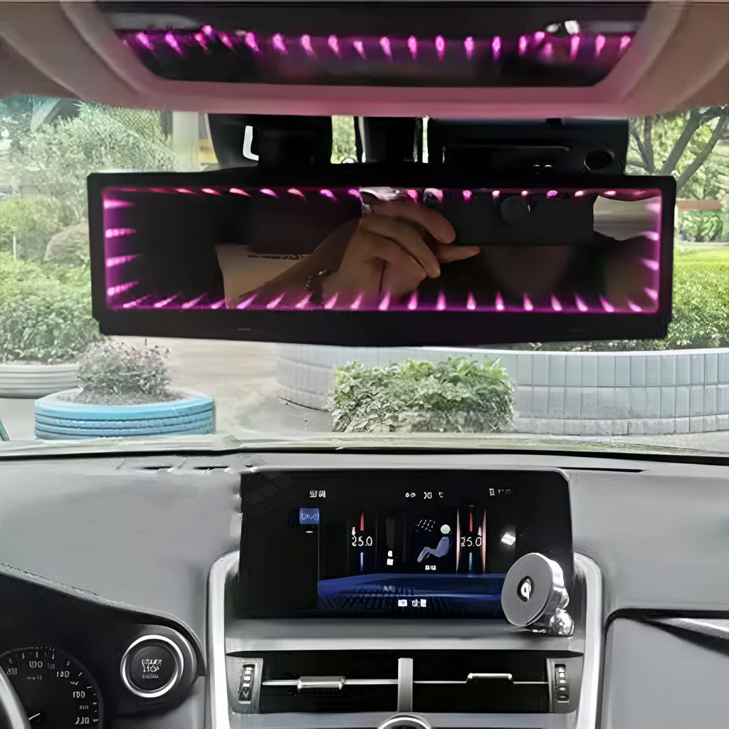 280mm wide car rearview mirror with anti-glare coating and LED lighting in blue colour option