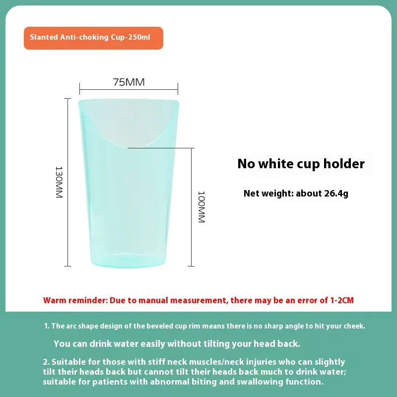 Oblique mouth choke-proof drinking cup with lid and handle, showing optional wrist splint attachment