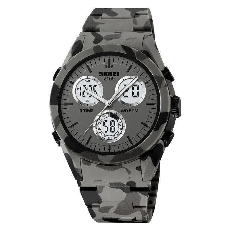 Digital casual watch with a black camouflage TPU strap and resin lens showing time on display.