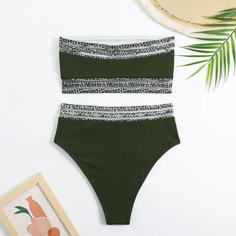 Black strapless split swimsuit with leopard print splicing detail.
