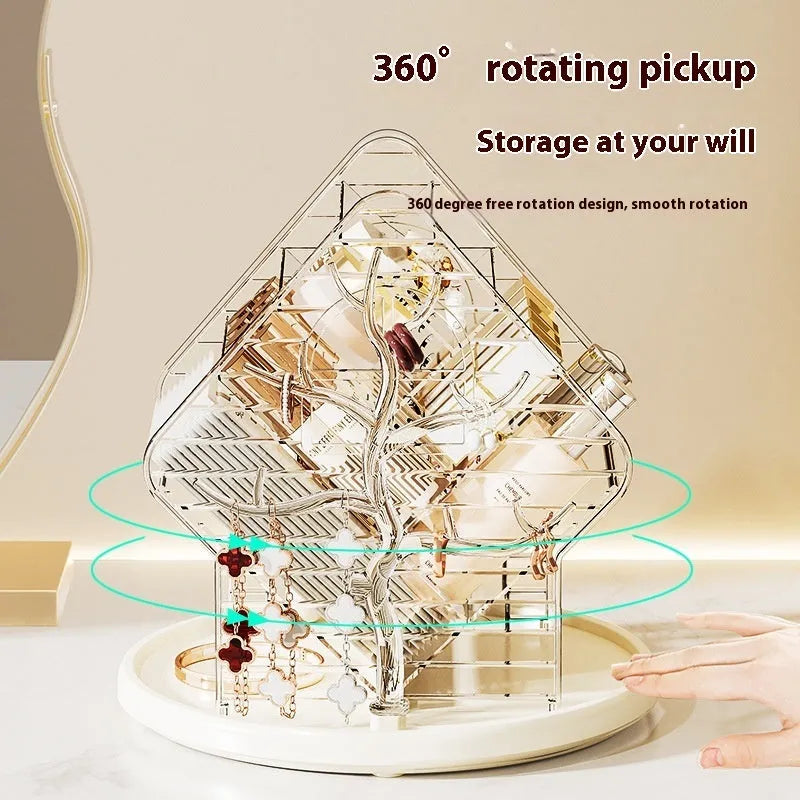 Clear and amber gold rotating plastic cosmetics storage box on a vanity