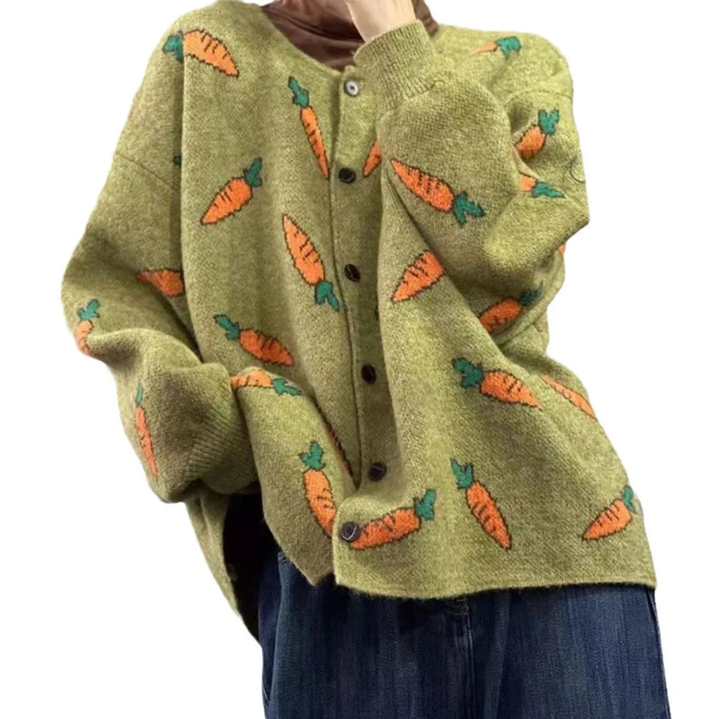 Round neck loose cardigan with Mori artistic printing in colour contrast design, viscose fabric