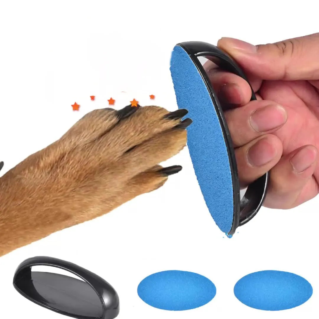 Round blue dog nail scratch board with ergonomic handle and replaceable sandpaper surface