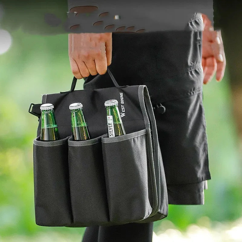 Black and orange bicycle-mounted drink holder bag with double-sided storage compartments