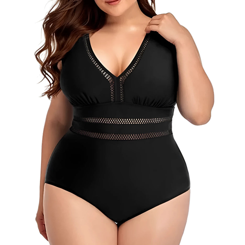 Black plus size women's bikini swimsuit with Siamese pattern print and mesh fabric stitching detail.