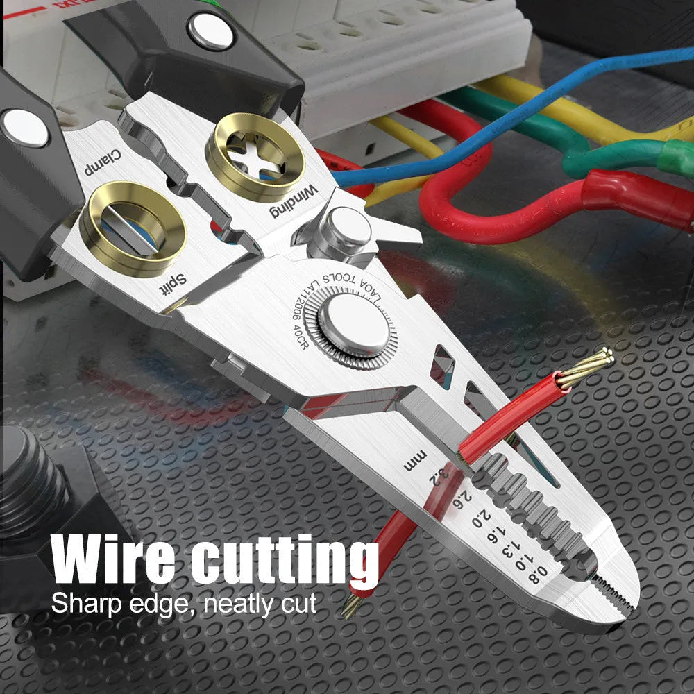 Stainless steel 7 in 1 wire stripper tool with two-colour handle and straight design.