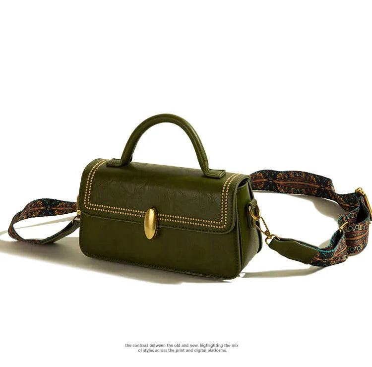 Brown retro women's messenger bag with shoulder strap, showing external sandwich pocket and square vertical shape.