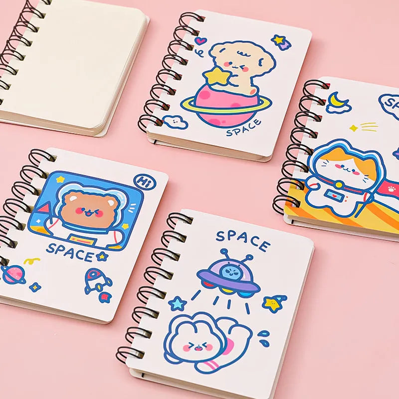 Astronaut-themed portable pocket flipper notebook showing 10.5x8cm size and cover design options