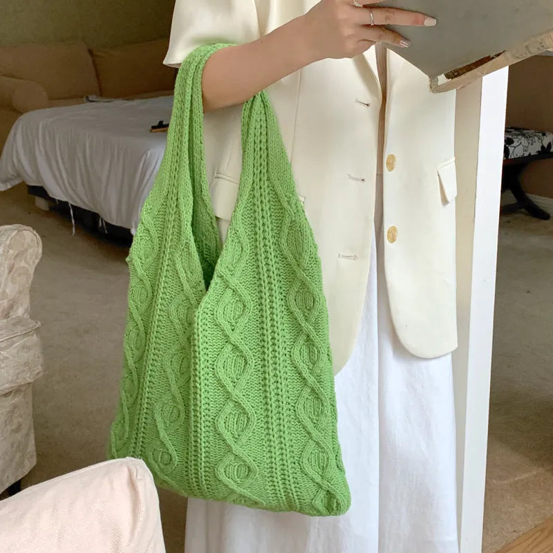Retro crochet wool shoulder bag with double straps in solid colour