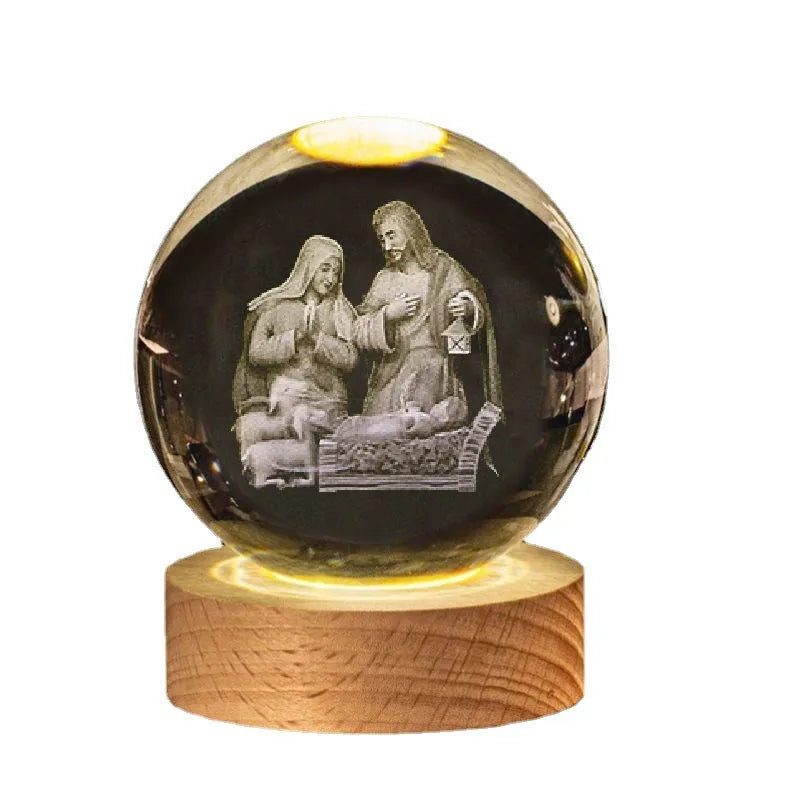 White crystal cross ornament with 6cm ball on wooden warm light base