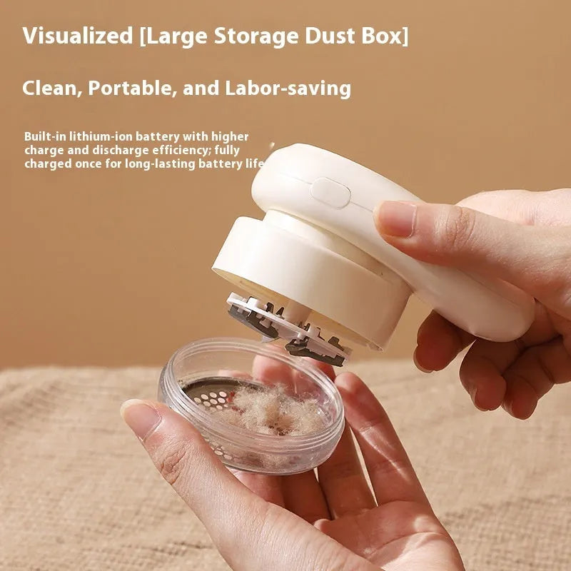 Beige and purple digital fur ball trimmers with USB-C charging cable and multiple cutter heads on a fabric surface