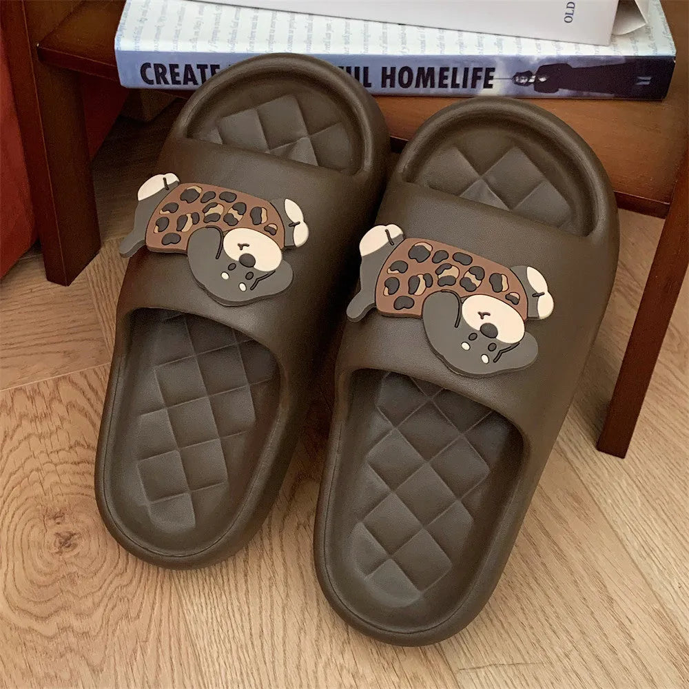Pair of EVA flip flop sandals for couples in leopard puppy print, showing thickened sole.
