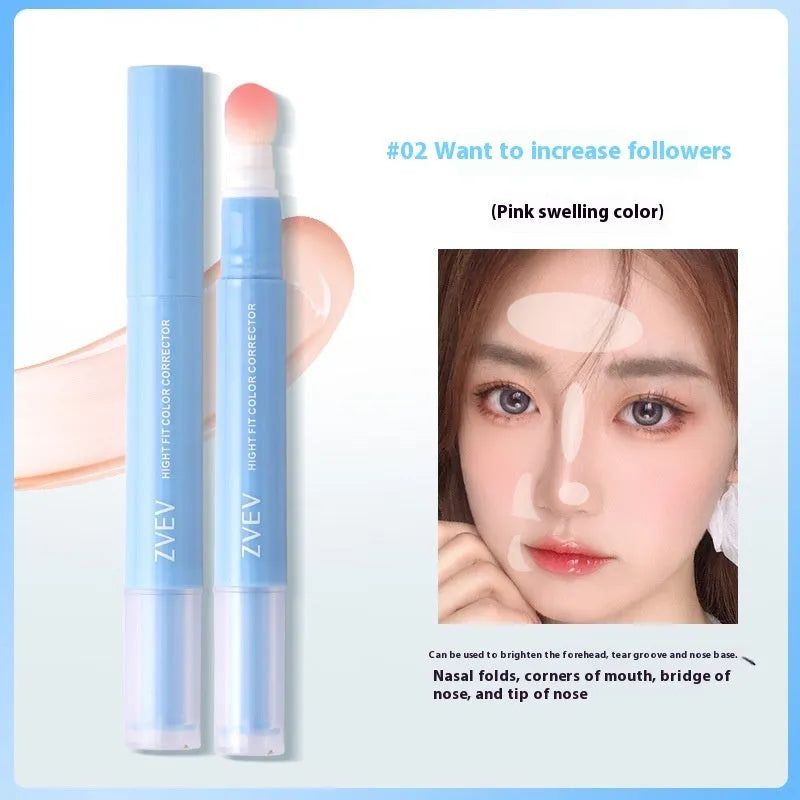 Concealer pen with sponge brush head applicator showing three colour shade options: brightening skin, pink flesh, and flesh colour