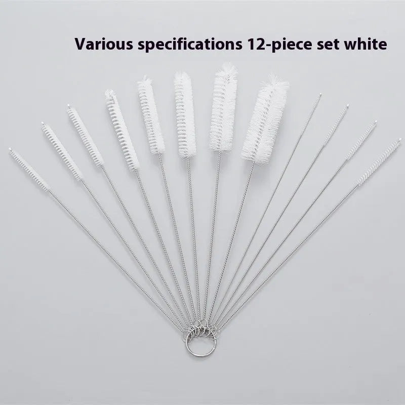 Nylon cleaning brush set with stainless steel handle for reusable straws, black and white options