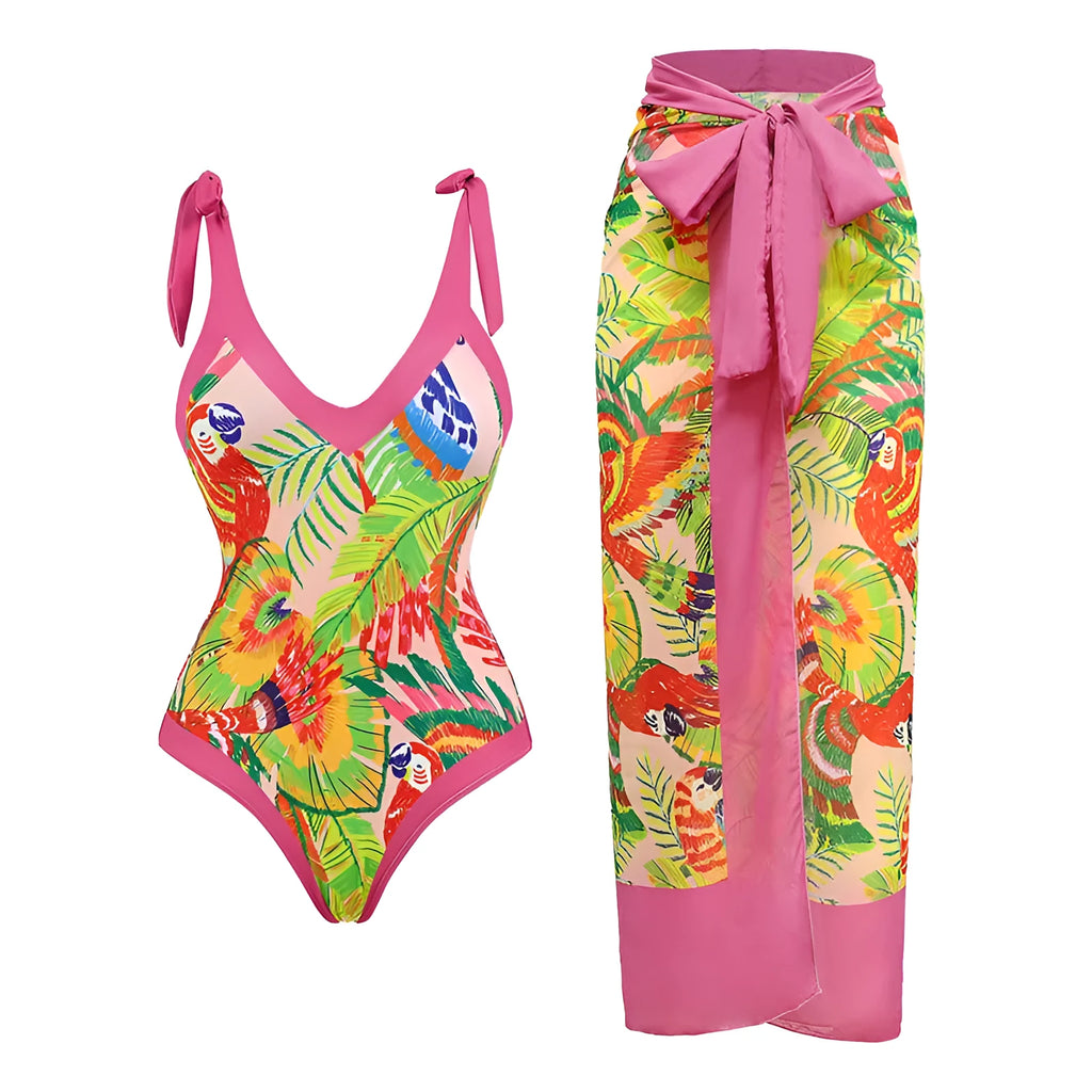 Solid colour women's one-piece swimsuit with thin spaghetti straps and a matching detachable skirt.