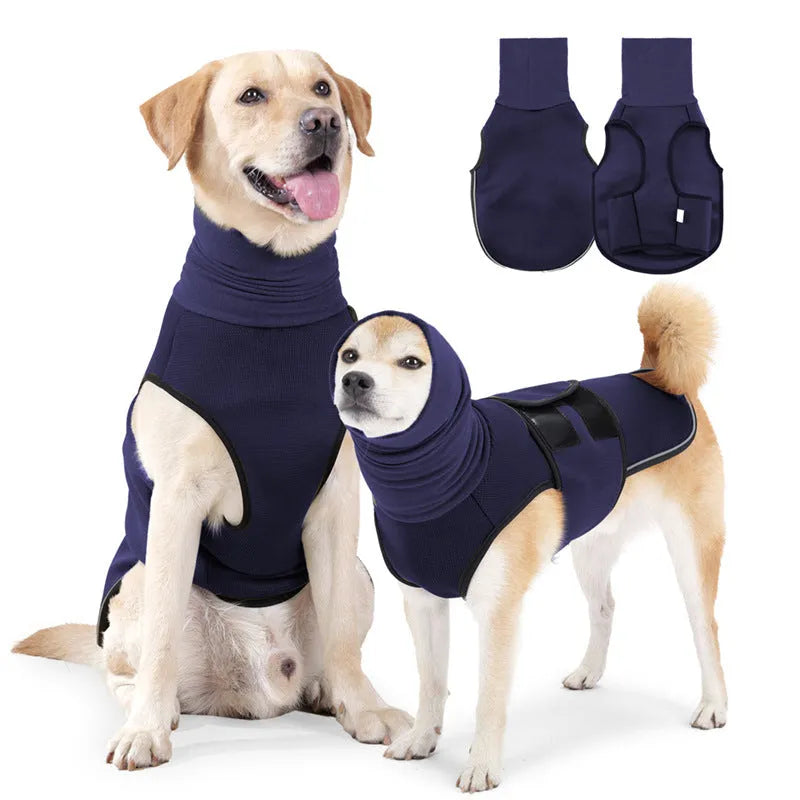 Army green dog anti-anxiety jacket on a medium-sized dog, showing a close-fitting, calming pet clothing design.