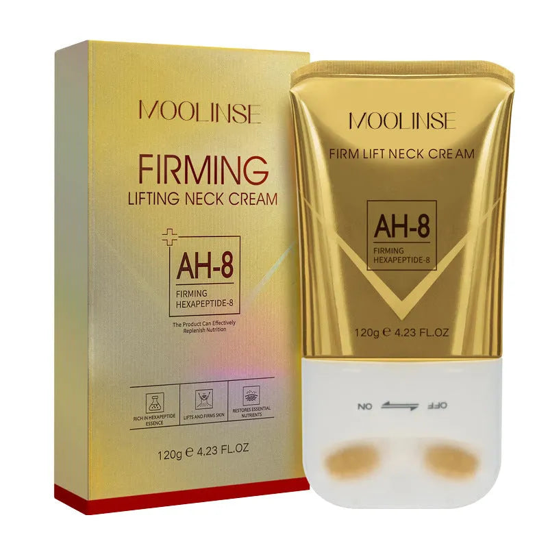 Neck moisturising cream tube with a silver massage roller applicator for dry skin.