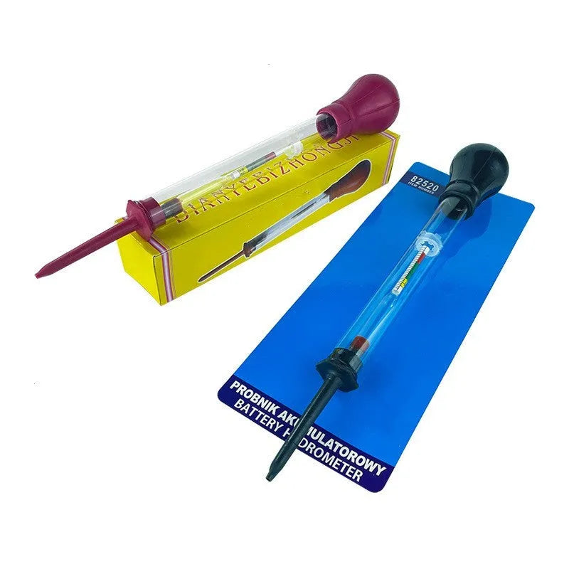 Electrohydraulic hydrometer for automotive battery electrolyte density testing with glass tube and suction mechanism