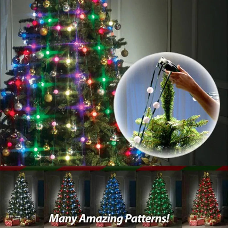 64 LED dazzler shower tree light string on a Christmas tree showing cascading lights with IP44 outdoor rating
