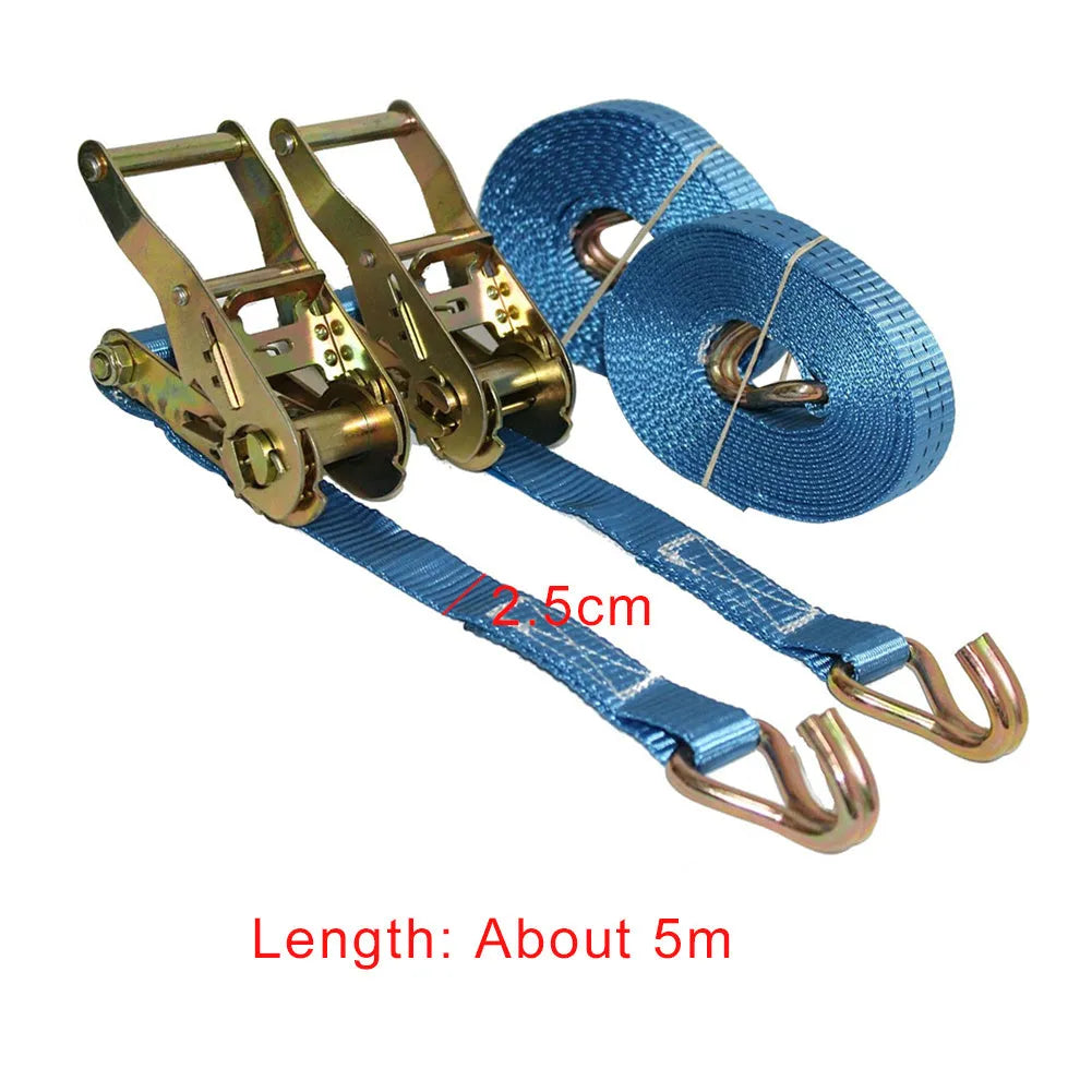Steel ratchet tensioner strap with double triangle hooks and polyester webbing for cargo binding