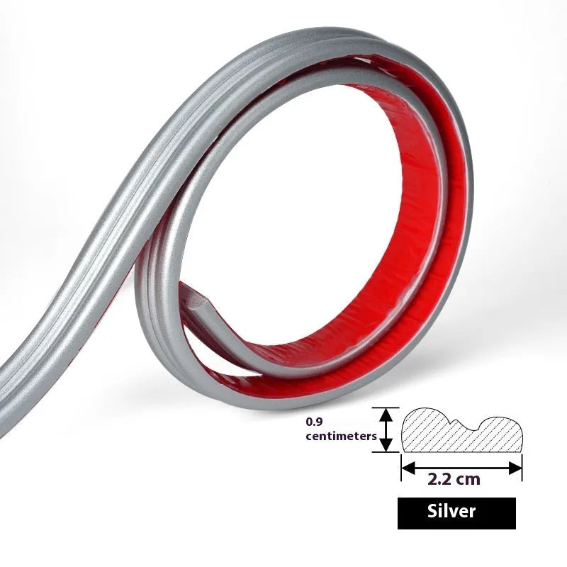 Flexible PVC self-adhesive edge banding trim roll in black, gold, silver, and white colour options.