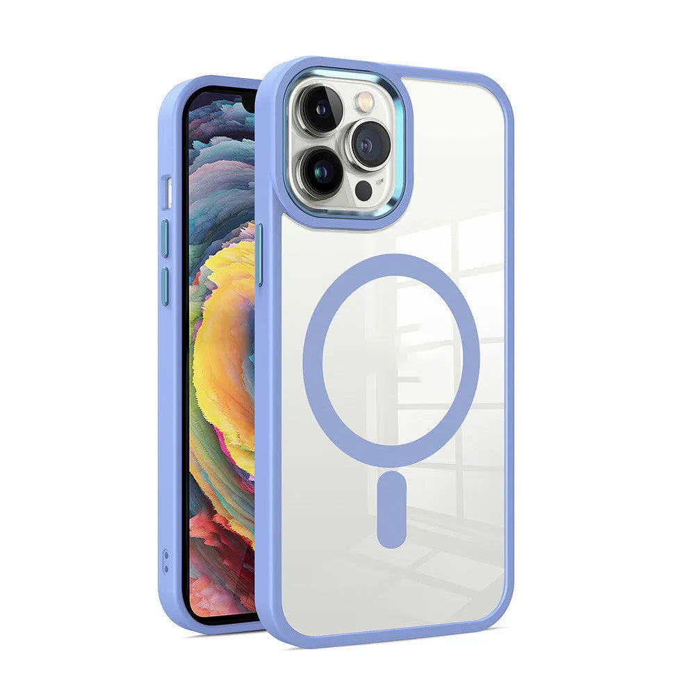 Magnetic transparent silicone phone case for iPhone on a magnetic car mount, shown in a plum red colour.