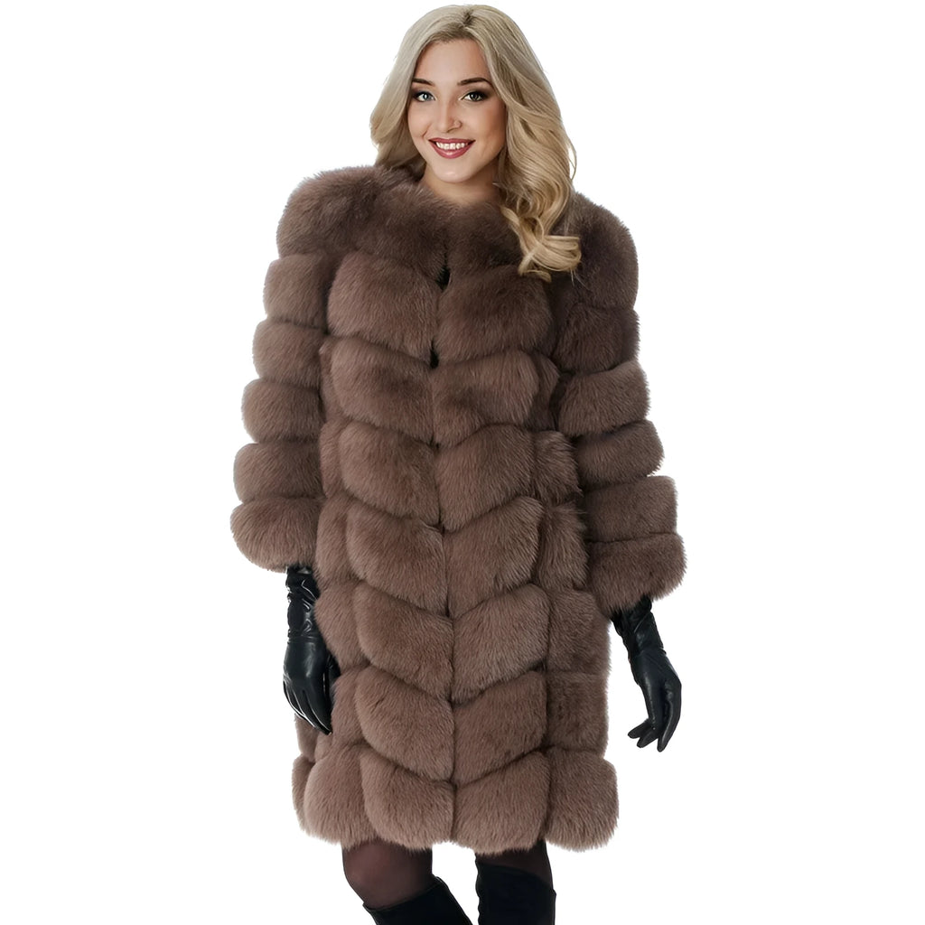 Women's thick artificial fur coat in 80 cm length, shown in one of five colours: black, dark camel, silver fox, apricot, or wine red.