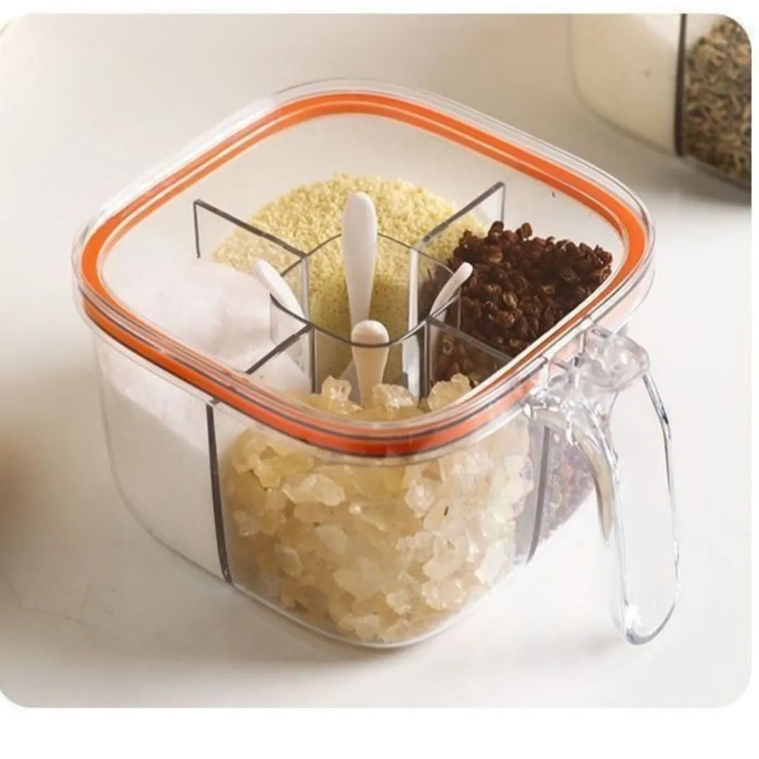 Five-in-one plastic seasoning container box in green with multiple compartments for kitchen storage
