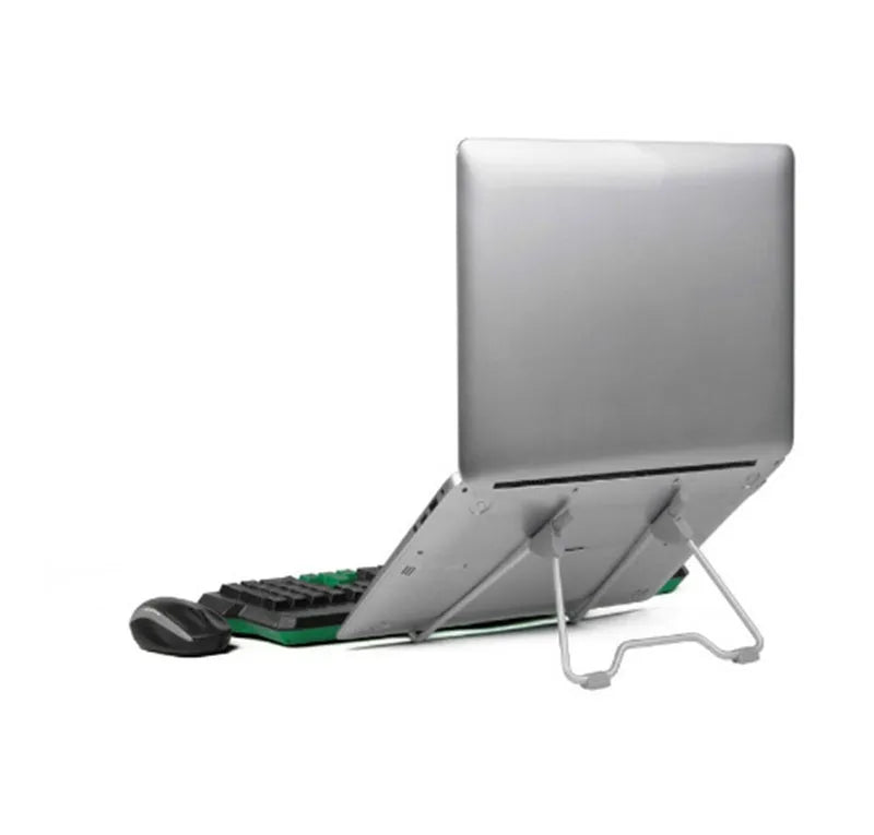 Grey aluminium alloy and plastic mobile phone and laptop stand on a wooden desk.