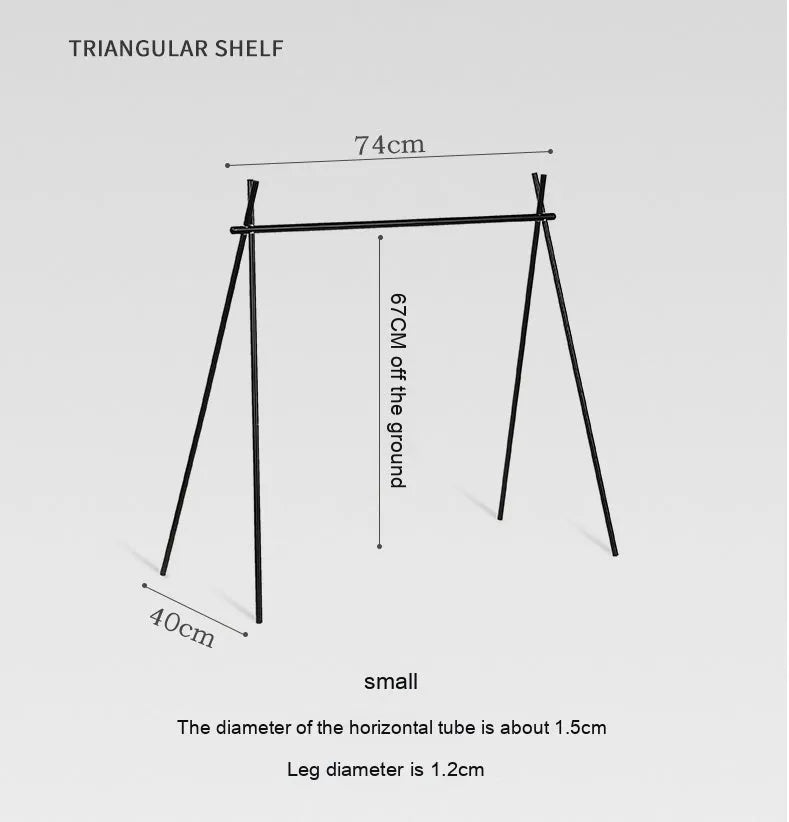 Aluminium foldable triangle camping clothes drying rack with 5 hooks displayed outdoors