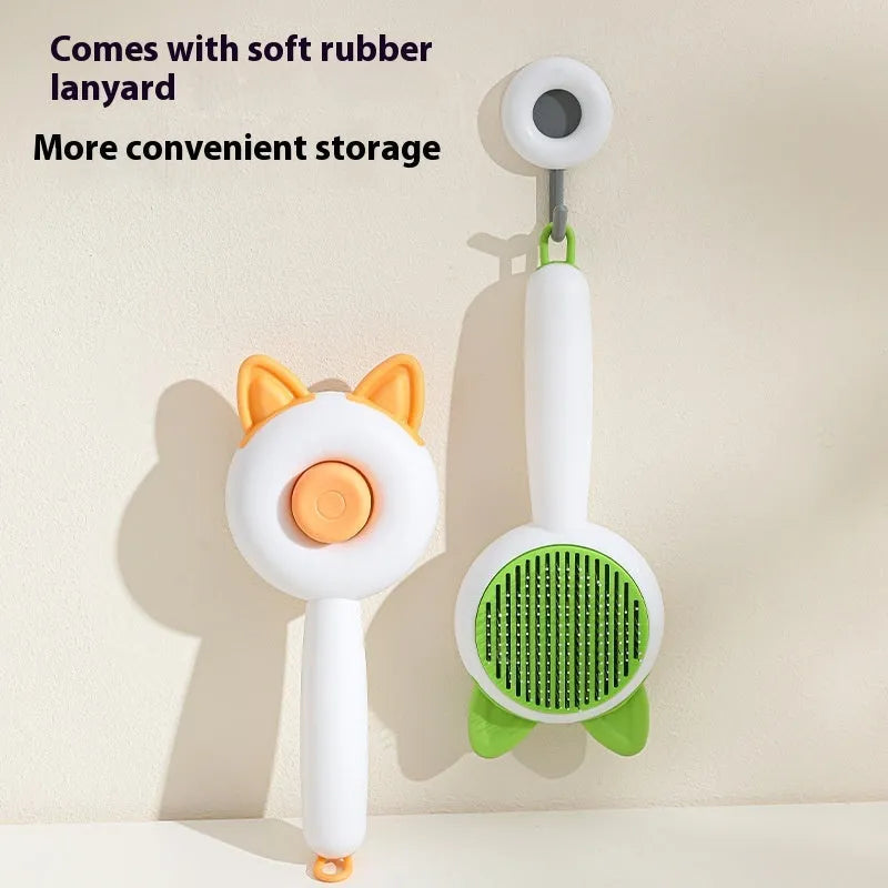 Self-cleaning pet grooming brush with stainless steel bristles and TPR massage tips in greenish white colour