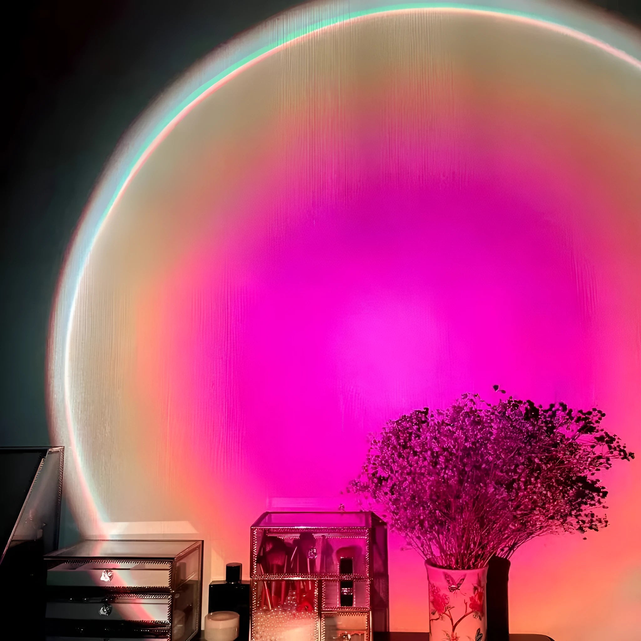 USB rechargeable rainbow sunset projection lamp with push-button control creating colourful atmospheric lighting