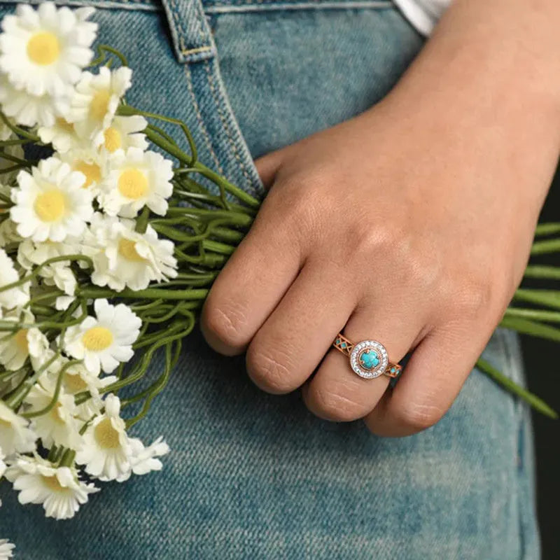 Women's turquoise ethnic style ring with geometric quadrangle design in rose gold on copper