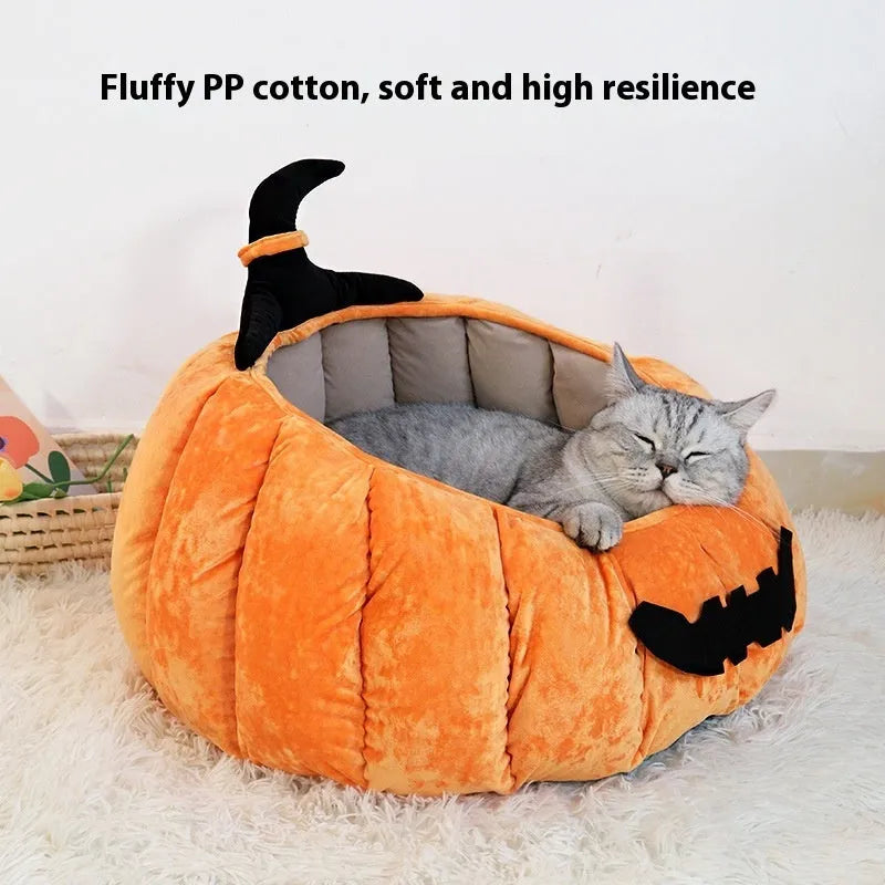 Halloween pumpkin design cat bed in orange or black cloth for indoor pets